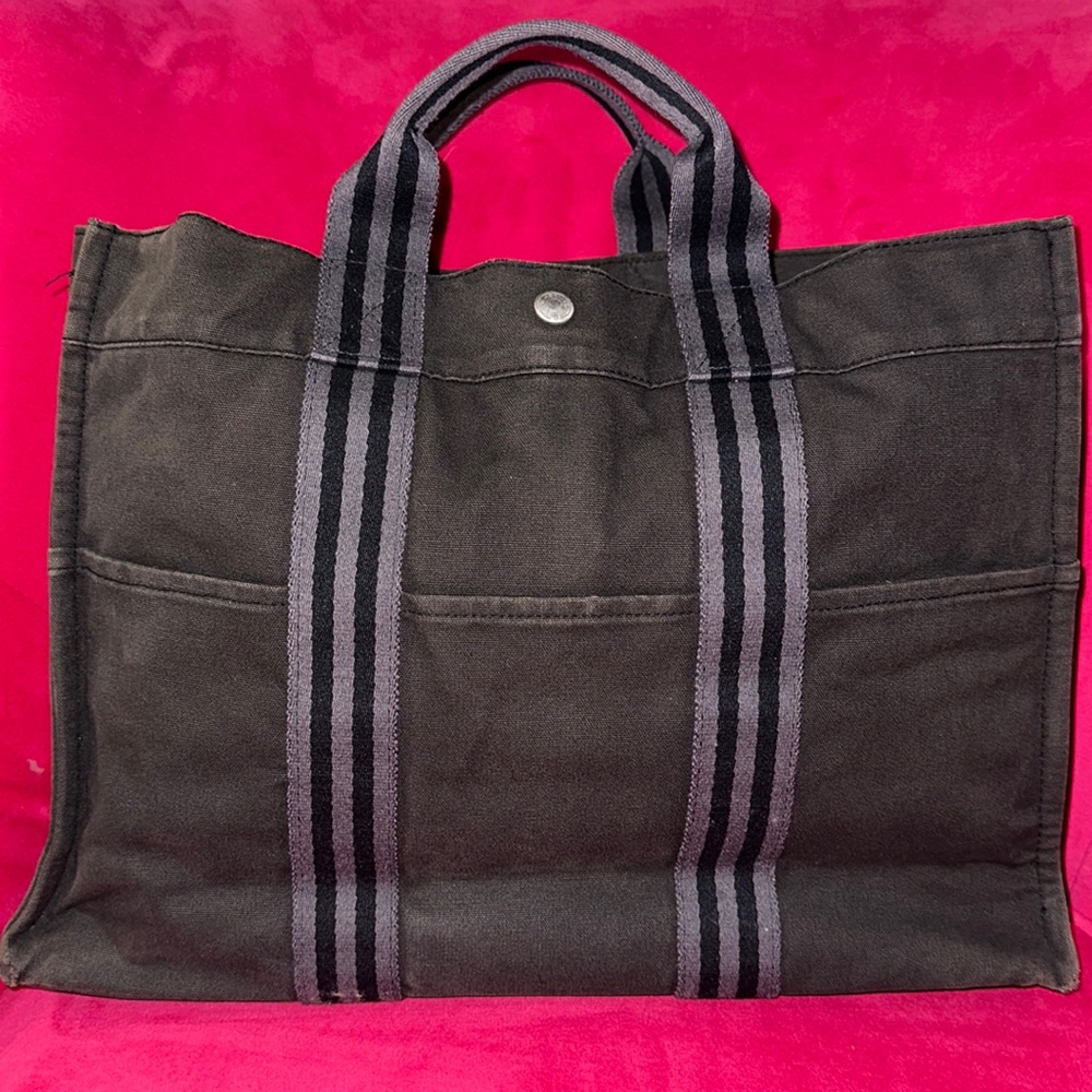 Hermes Paris Canvas Fourre Tout MM Striped Handle Tote Handbag Dark Gray